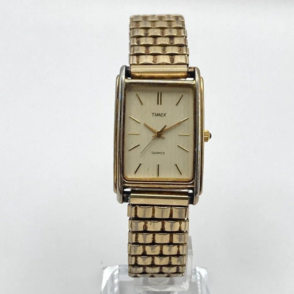 Vintage Timex Men's Tank Watch 25mm Gold Tone Striped Dial New Battery 7